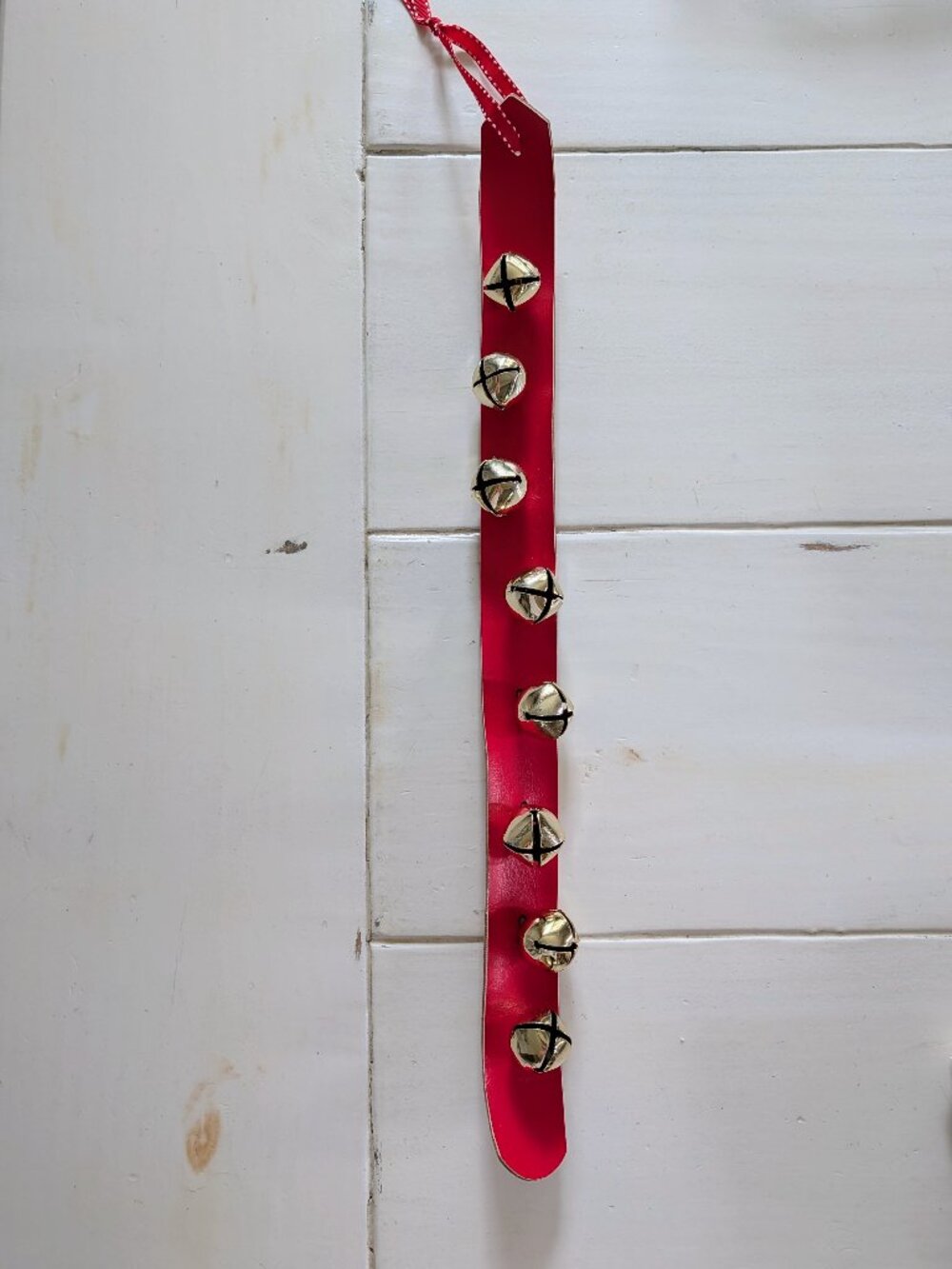 VTG Christmas Jingle Bells Sleigh Bells Red Strap 23” Door Hanger 8 Bells